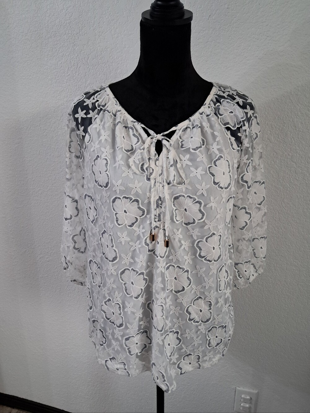 Siren Lily Petite Lg Peasant Blouse Lace Overlay Floral Pattern Lined Romantic